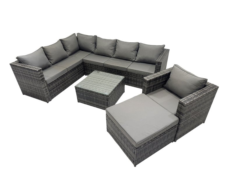 Fimous Rattan Garden Furniture Patio Furniture Sets with Corner Sofa Chair Square Coffee Table Big Footstool Dark Grey Mixed