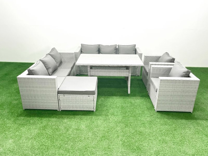 Fimous Rattan Garden Furniture Set Outdoor 8 Seater Patio Dinin g Sofa Sets with Dining Table 2 Chairs Big Footstool Light Grey Mixed
