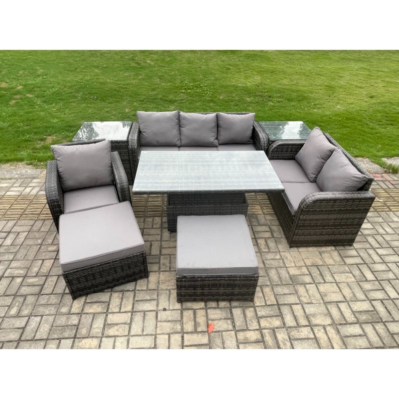 Fimous 8 Seater Outdoor Rattan Garden Furniture Set Height Adjustable Rising lifting Dining Table Love Sofa Chair With 2 Side Tables 2 Big Footstool Dark Grey Mixed