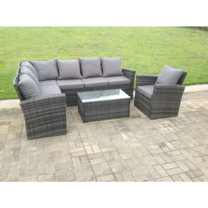 Fimous High Back Rattan Corner Sofa Set Oblong Coffee Table Outdoor Furniture dark Grey Left Option With Extra Chair