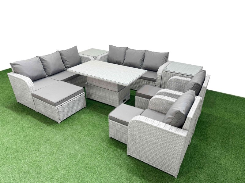 Fimous PE Rattan High Back Lounge Sofa Set Patio Adjustable Lifting Dining or Coffee Table & Chairs Set with 3 Seater Sofa Reclining Chair 3 Stools 2 Side Table Light Grey