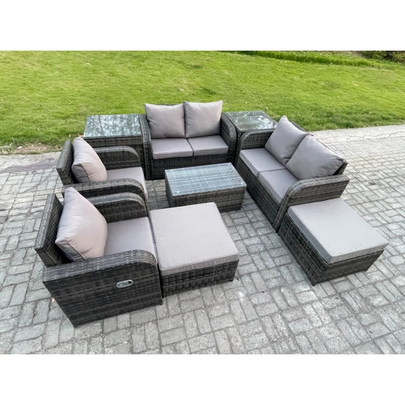 Fimous High Back Rattan Garden Furniture Set with Loveseat Sofa Rectangular Coffee Table 2 Side Tables 2 Big Footstool Indoor Outdoor Patio Lounge Sofa Set Dark Grey Mixed