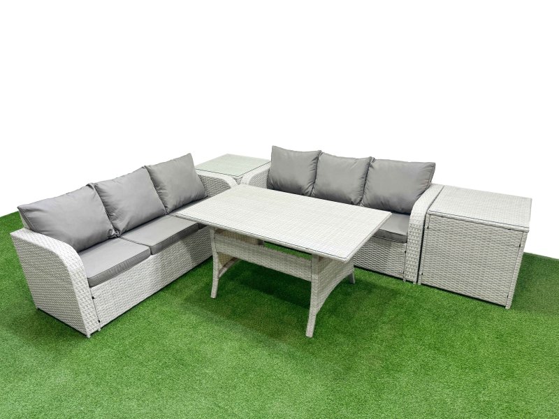 Fimous Outdoor Garden Furniture Sets 6 Seater Wicker Rattan Furniture Sofa Sets with Rectangular Dining Table high Back Lounge Sofa 2 Side Table Light Grey