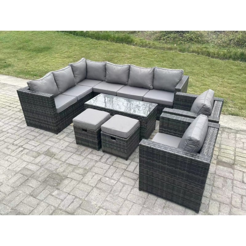 Fimous 10 Seater Rattan Corner Sofa Lounge Sofa Set With Rectangular Coffee Table 2 Stool Dark Grey Mixed Left Hand
