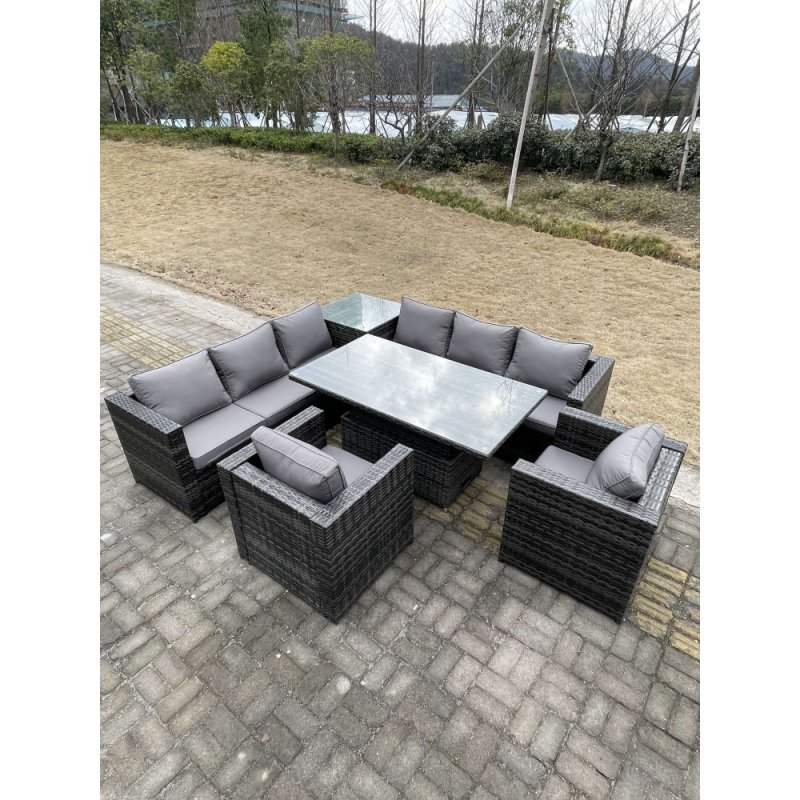 Fimous 8 Seater PE Rattan Corner Sofa Set Rising Adjustable Dining Table Set High Side Coffee Table With 2 Arm Chairs