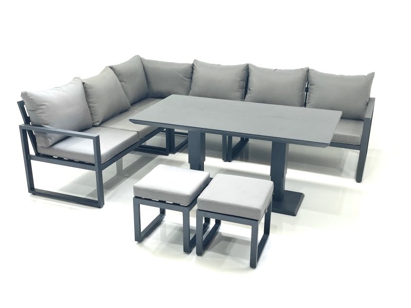 Fimous Aluminum Outdoor Garden Furniture Set Corner Sofa 2 Small Footstool Adjustable Rising Lifting Dining Table Sets Dark Grey