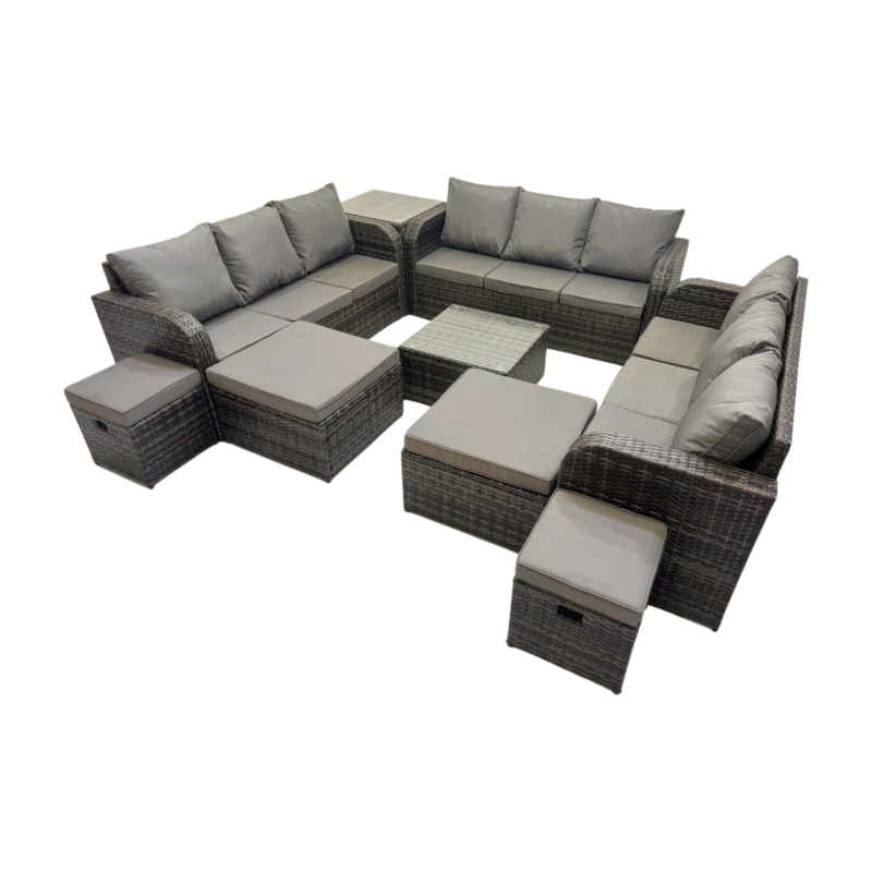 Fimous Rattan Garden Outdoor Furniture Set 3 Seater Sofa Square Coffee Table Set with 4 Stools Side Table Dark Grey Mixed