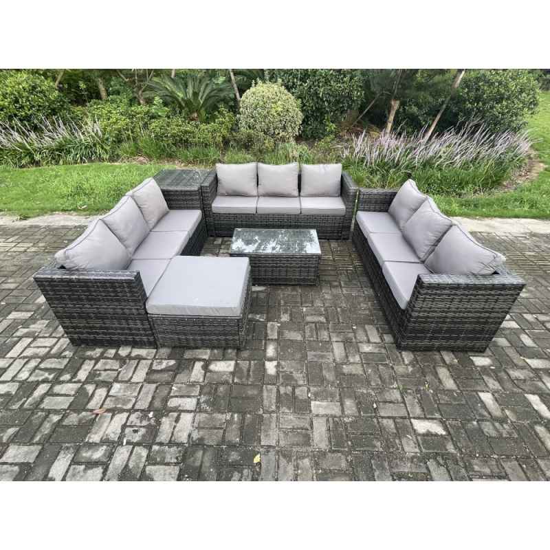 Fimous 10 Seater Outdoor Lounge Sofa Set Wicker PE Rattan Garden Furniture Set with Oblong Coffee Table Side Table Big Footstool Dark Grey Mixed