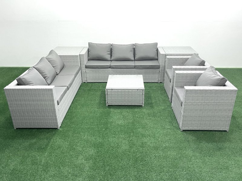 Fimous Outdoor Rattan Sofa Garden Furniture Set with 2 Armchairs Square Coffee Table 2 Side Tables Light Grey Mixed