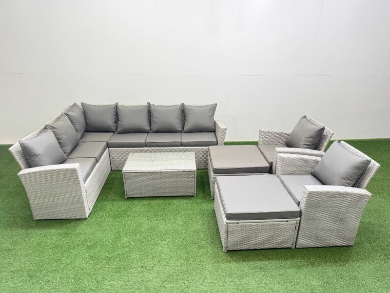 Fimous 10 Seater Garden Outdoor PE Rattan Furniture Set Rattan Garden Sofa Set with 2 Big Footstools 2 Chair Light Grey Mixed
