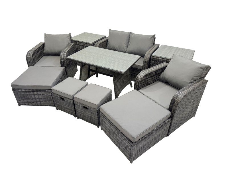 Fimous 8 Seater Garden Outdoor Rattan Furniture Set Rattan Sofa Oblong Dining Table with 2 Big Stools 2 Side Table Dark Grey