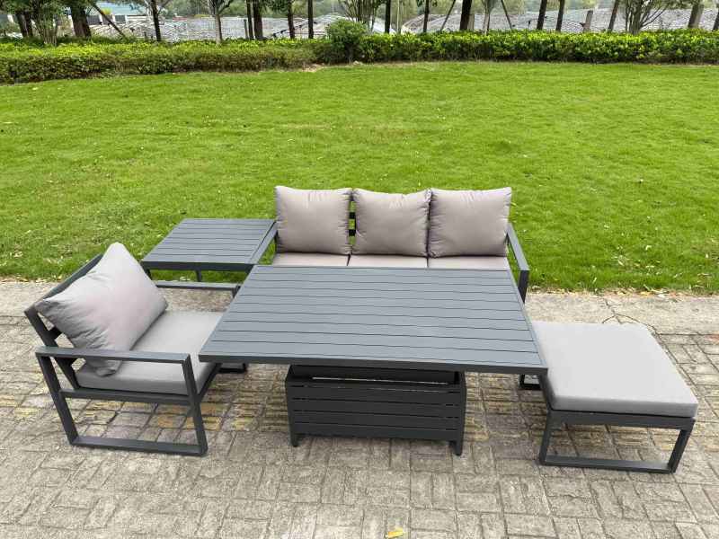 Fimous Aluminium Garden Furniture Set 4 Piece Aluminium Lounge Seating Adjustable Rising Lifting Dining Table Set with Cushions Big Footstool Dark Grey