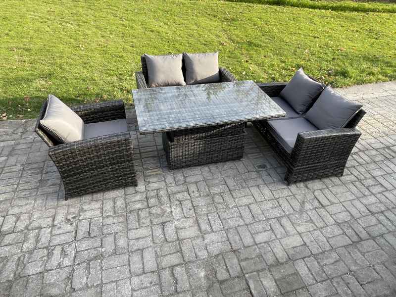 Fimous 4pcs Rattan Outdoor Garden Furniture Sofa Set Height Adjustable Rising Lifting Table Dark Grey Mixed