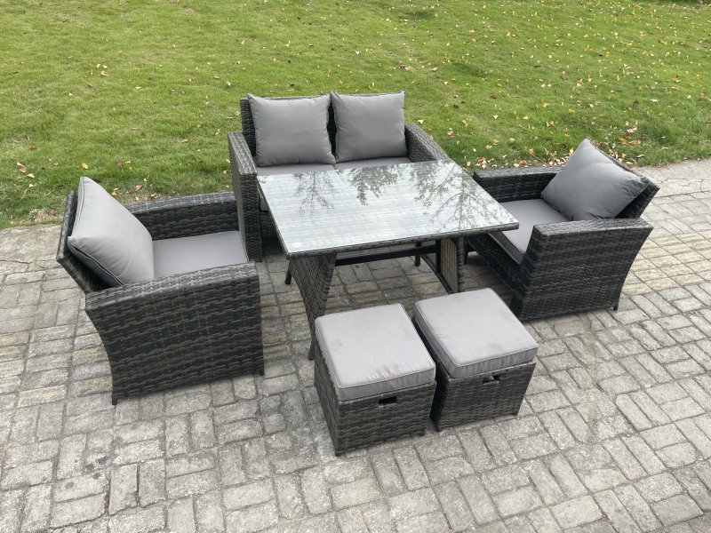 Fimous 6 Seater Outdoor Garden Furniture High Back Rattan Sofa Dining Table Set with 2 Small Footstools Dark Grey Mixed