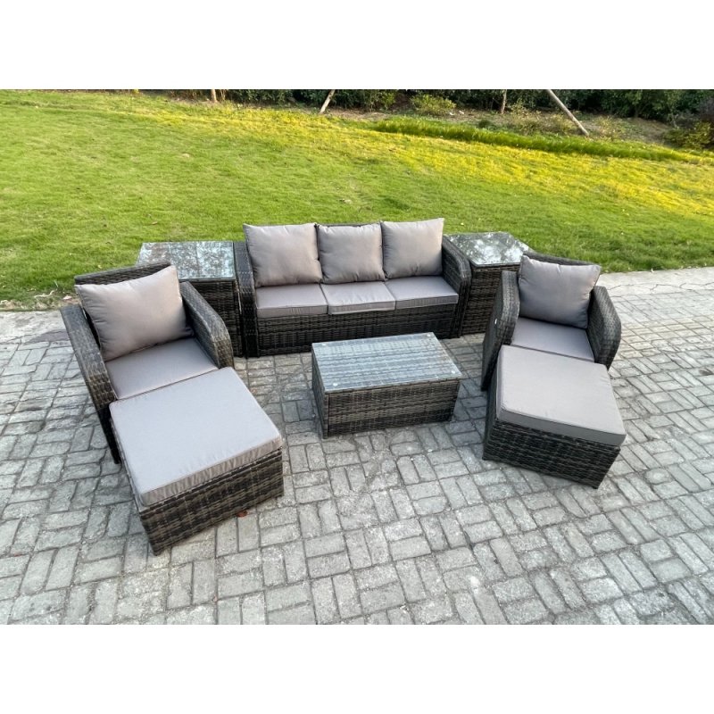 Fimous Rattan Garden Furniture Set Patio Outdoor Lounge Sofa Set with Rectangular Coffee Table 2 Big Footstool 3 Seater Sofa 2 Side Tables Dark Grey Mixed