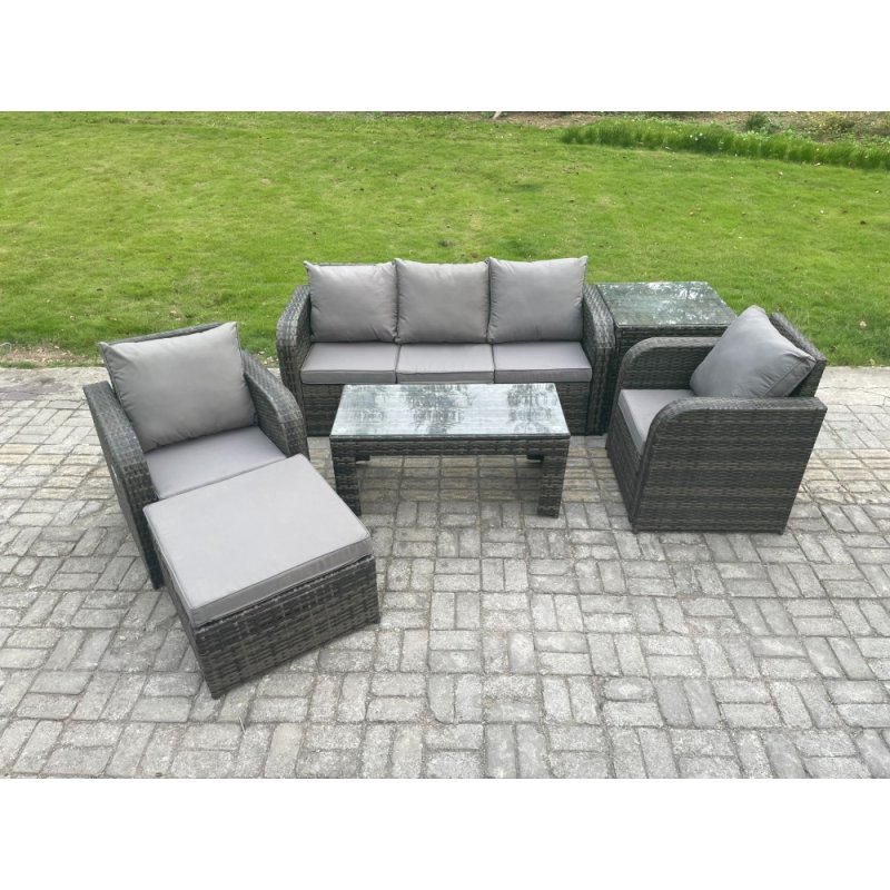 Fimous Wicker PE Rattan Garden Furniture Set Outdoor Lounge Sofa Set with Reclining Chair Coffee Table Side Table Big Footstool Dark Grey Mixed