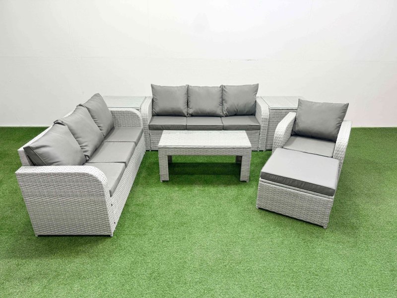Fimous 8 Seater Poly Rattan Outdoor Garden Furniture Oblong Coffee Table Sofa Set Patio 3 Seater Sofa Reclining Chair 3 Seater Sofa Big Footstool 2 Side Table Light Grey