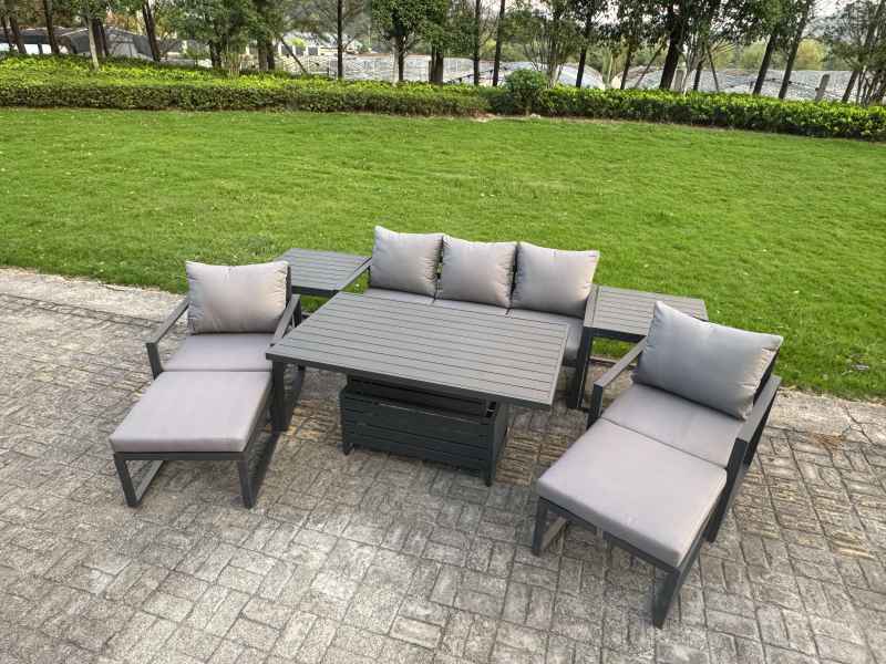 Fimous 7-Piece Aluminium Garden Furniture Sets 7 Seater Outdoor Sofa Set with Adjustable Rising Lifting Dining Table 2 Chairs 2 Big Footstools Side Table