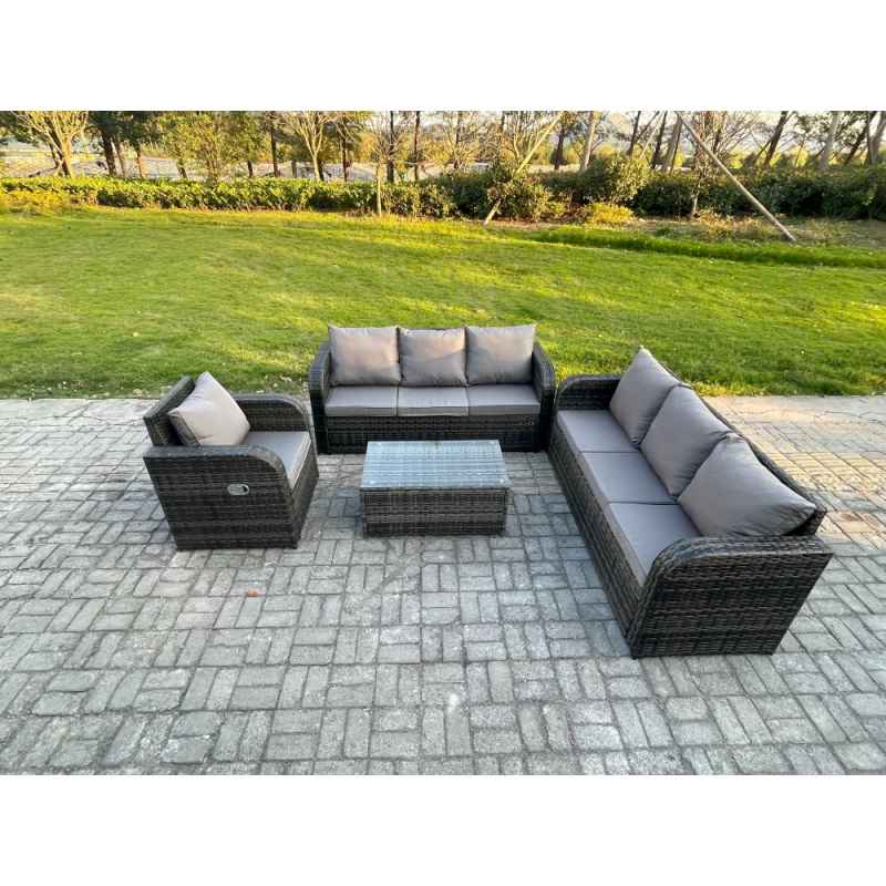 Fimous 7 Seater Rattan Outdoor Garden Furniture Sofa Set Patio Table & Chairs Set with 3 Seater Sofa Reclining Chair 3 Seater Sofa Dark Grey Mixed
