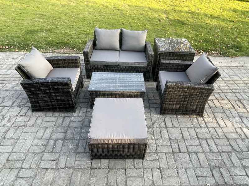 Fimous Outdoor Lounge Sofa Set Wicker PE Rattan Garden Furniture Set with Rectangular Coffee Table Double Seat Sofa Big Footstool Side Table Dark Grey Mixed