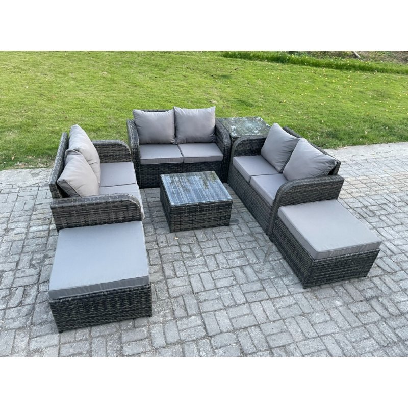 Fimous 8 Seater Outdoor Garden Furniture Sets Wicker Rattan Furniture Sofa Sets with Square Coffee Table Love seat Sofa 2 Big Footstool Side Table