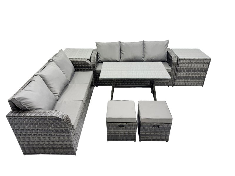 Fimous Garden Rattan Outdoor Furniture Set 8 Seater with 3 Seater Sofa 2 Side Table 2 Small Stools Dark Grey