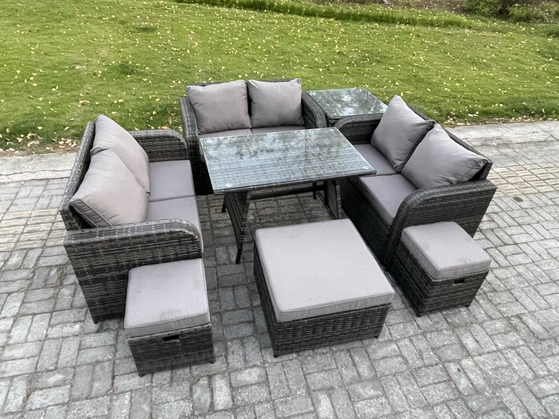 Fimous Outdoor Rattan Garden Furniture Set 9 Seater Patio Love Sofa Set with Rectangular Dining Table 3 Footstools Side Table Dark Grey Mixed