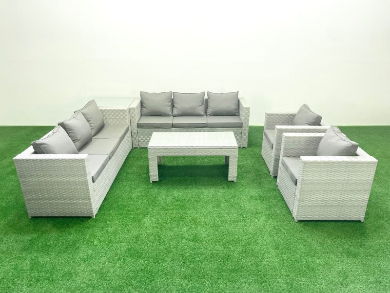 Fimous Outdoor Garden Furniture Rattan Sofa Set with 2 Armchairs Oblong Coffee Table Side Table Light Grey Mixed
