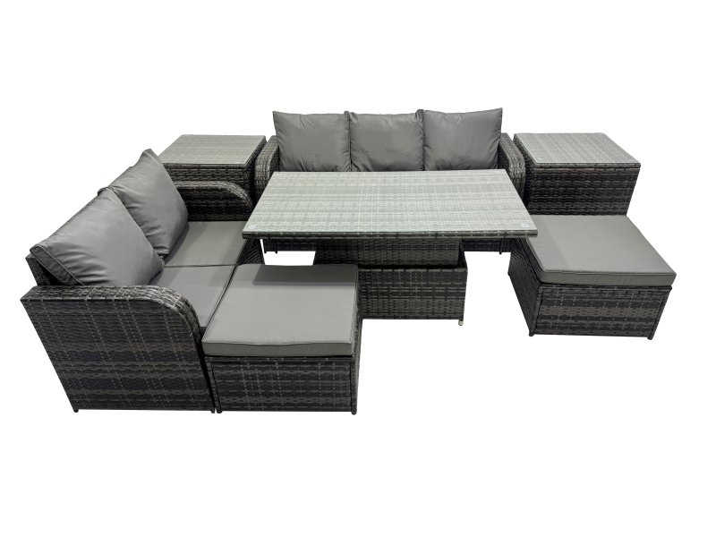 Fimous Rattan Garden Furniture Dining Set 7-seater Patio Height Adjustable Rising Lifting Table Sofa Set with 2 Side Tables Dark Grey Mixed