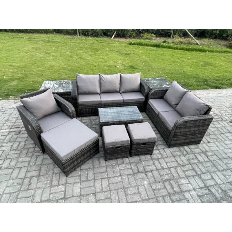 Fimous Outdoor Garden Furniture Sets 9 Pieces Wicker Rattan Furniture Sofa Sets with Rectangular Coffee Table Loveseat Sofa 3 Footstools 2 Side Tables