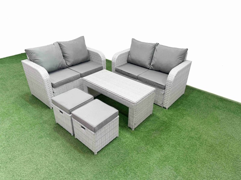 Fimous 6 Seater Outdoor Love Sofa Set Rattan Garden Furniture Set with Oblong Coffee Table 2 Small Stools Light Grey