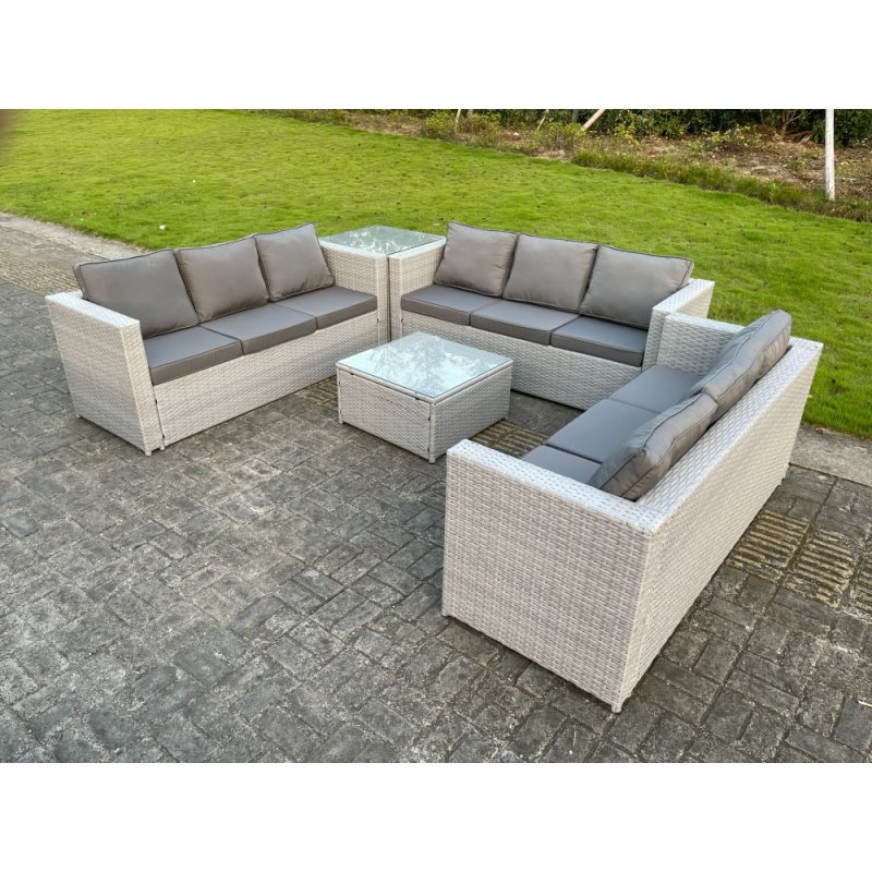 Fimous Light Grey Lounge Outdoor PE Rattan Garden Furniture Set PE Wicker Sofa Set Square Coffee Table Side Table 6 Seater