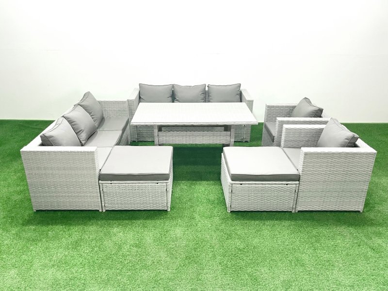 Fimous Rattan Garden Furniture Set Outdoor 8 Seater Patio Dinin g Sofa Sets with Dining Table 2 Chairs 2 Big Footstools Light Grey Mixed