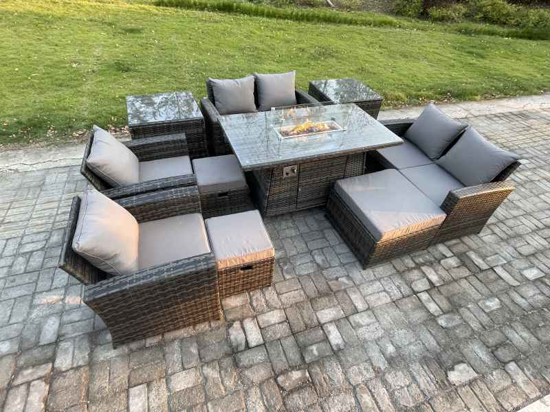 Fimous Outdoor Garden Furniture Sets 10 Pieces Wicker Rattan Furniture Gas Firepit Dining Table Sofa Set with 3 Footstools 2 Side Tables Dark Grey Mixed