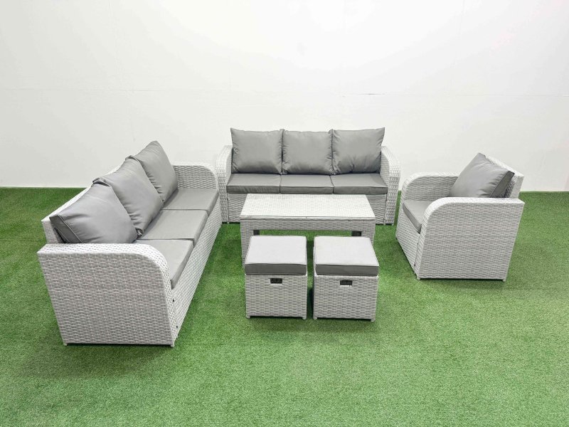 Fimous 9 Seater Poly Rattan Outdoor Garden Furniture Oblong Coffee Table Sofa Set Patio 3 Seater Sofa Reclining Chair 3 Seater Sofa Stools Light Grey