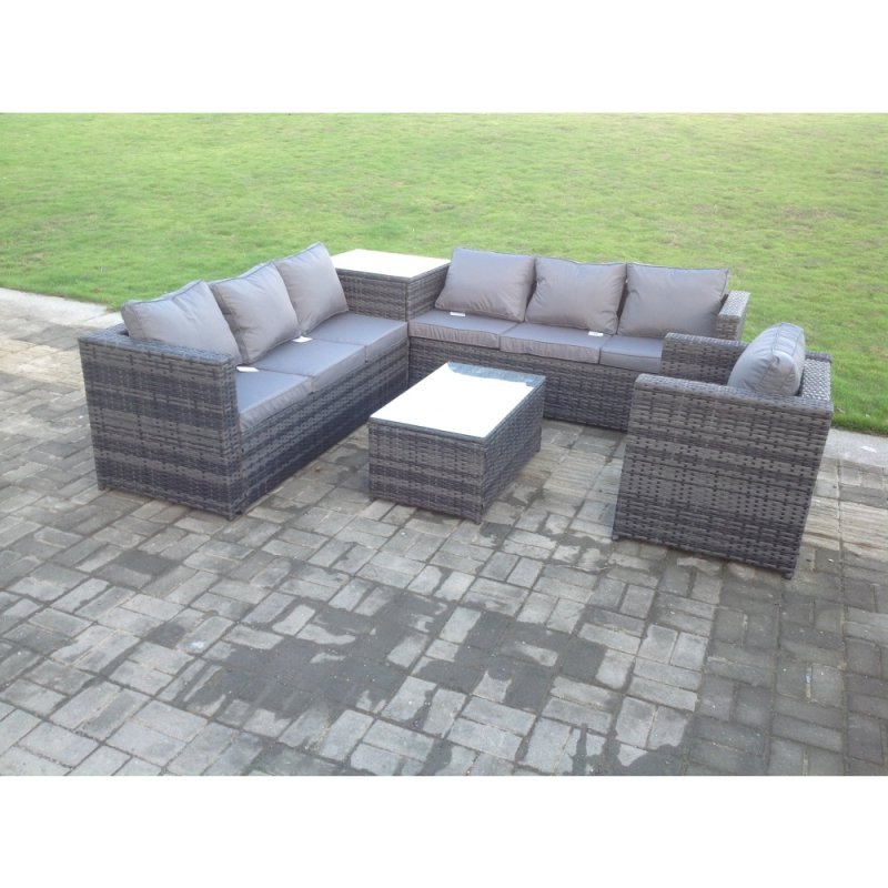 Fimous Grey Rattan Sofa Outdoor Garden Furniture Rectangular Coffee Table Set Patio With Cushions With Chair