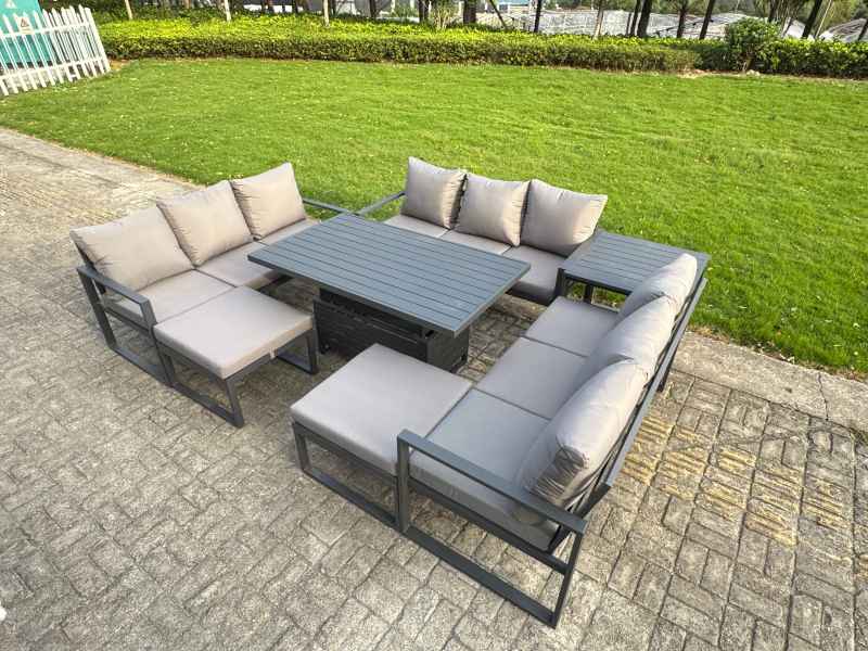 Fimous Aluminum Outdoor Patio Furniture Set Modern Patio Conversation Sets with Adjustable Rising Lifting Dining Table Big Footstool Dark Grey