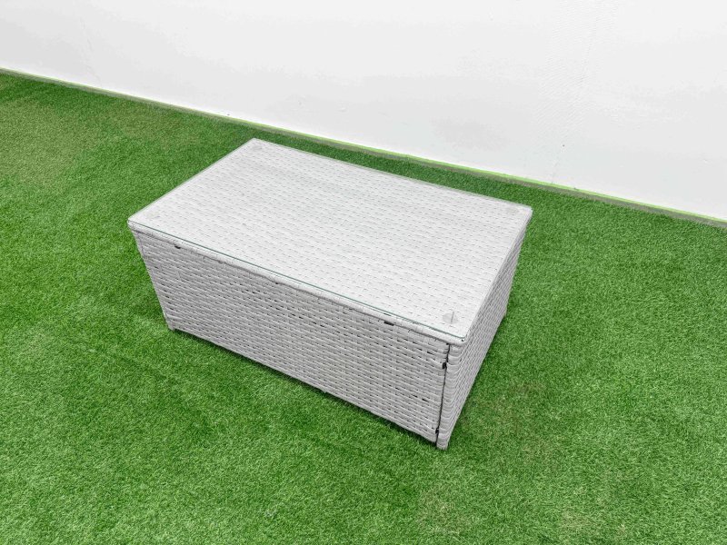 Fimous 6 Seater Outdoor Love Sofa Set Rattan Garden Furniture Set with Rectangular Coffee Table 2 Small Stools Side Table Light Grey