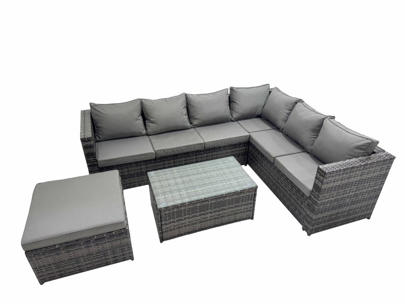 Fimous Outdoor PE Rattan Garden Furniture Sofa Set with Oblong Coffee Table Big Stool Dark Grey