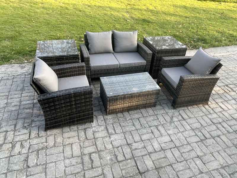 Fimous Outdoor Lounge Sofa Set Wicker PE Rattan Garden Furniture Set with Rectangular Coffee Table Double Seat Sofa 2 Side Tables Dark Grey Mixed