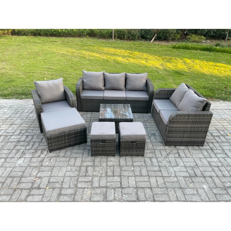 Fimous Rattan Garden Furniture 7 Piece Patio Set With Table Sofa Square Coffee Table Reclining Chair Love seat sofa Side 3 Seater Sofa 3 Footstools