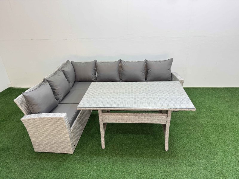 Fimous 6 Seater Rattan Garden Furniture Set Outdoor Patio Dining Corner Sofa Sets with Dining Table Light Grey Mixed