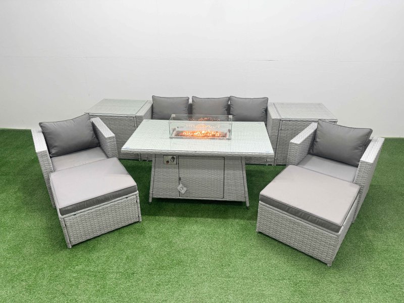 Fimous 7 Seat PE Rattan Lounge Sofa Set Outdoor Garden Furniture Set with Firepit Dining Table 3 Seater Sofa 2 Big Footstools 2 Side Tables Light Grey