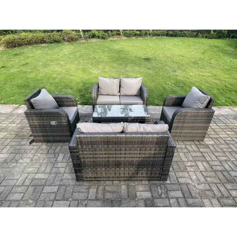 Fimous 6 Seater Dark Grey PE Wicker Rattan Garden Furniture Set Reclining Chair 2 Seater Love Sofa Set Outdoor Rectangular Coffee Table