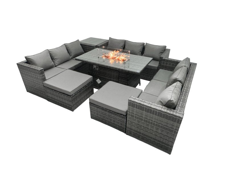 Fimous Rattan Garden Furniture Firepit Set Outdoor 11 Seater Patio Dining Sets with Glass Top Dining Table Side Tables