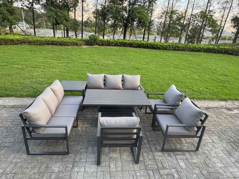 Fimous 6 Piece Garden Furniture Set 9-Seater Aluminium Outdoor Dining Set with Adjustable Rising Lifting Dining Table & Cushions 3 Chairs Dark Grey