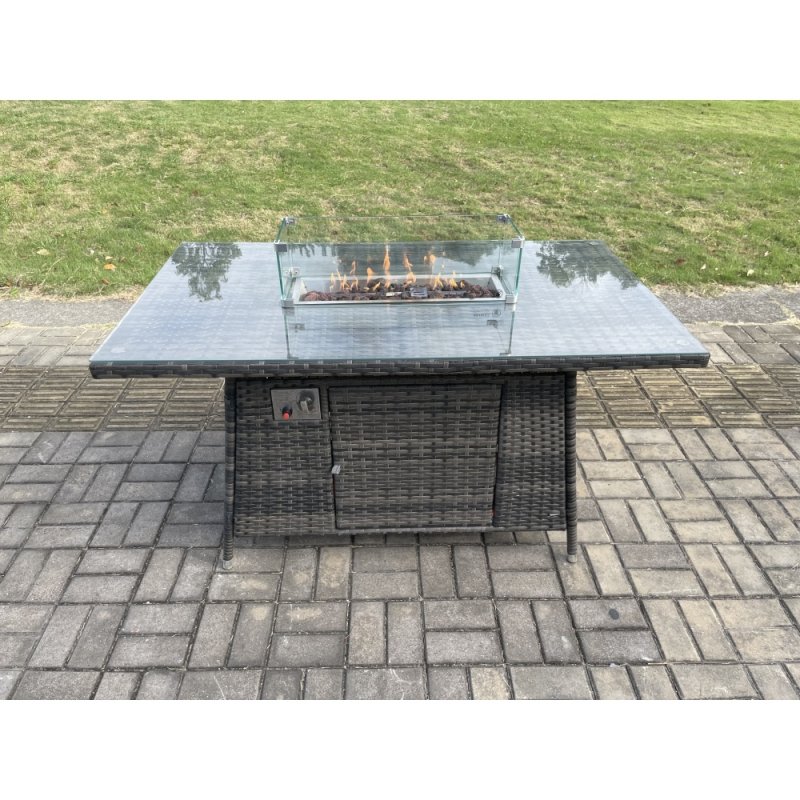 Fimous PE Wicker Outdoor Rattan Garden Furniture Set Propane Gas Fire Pit Table and Sofa Chair set with Big Footstool