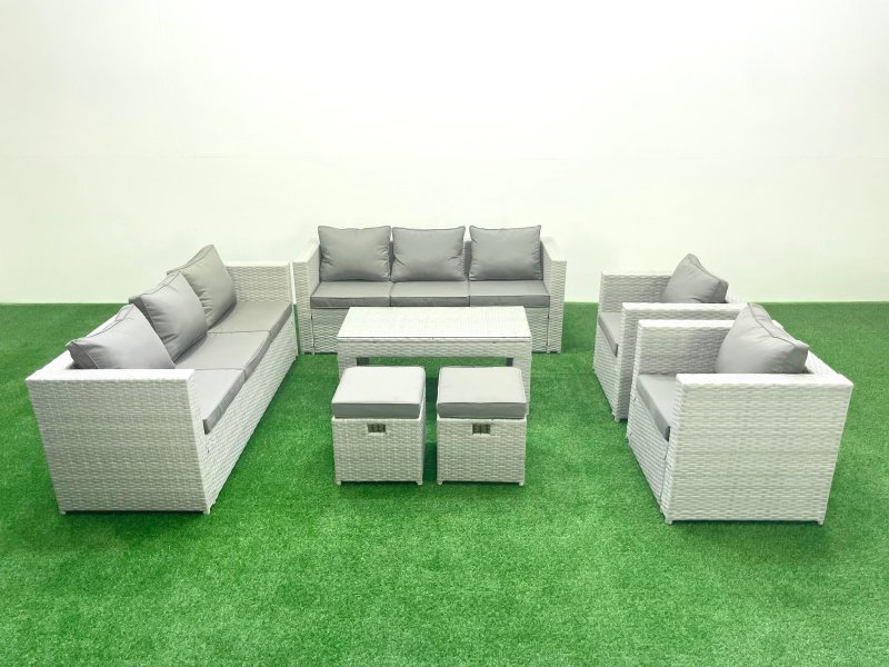 Fimous Outdoor Garden Furniture Rattan Sofa Set with 2 Armchairs Oblong Coffee Table 2 Small Footstools Light Grey Mixed