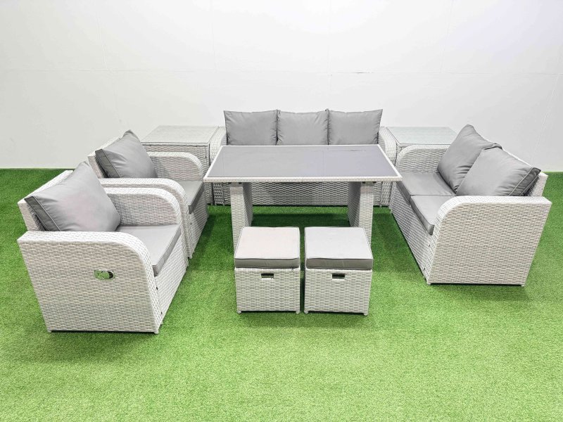 Fimous 9 Seater Garden Furniture Set PE Ratten Garden Sofa Set with Rectangular Dining Table 2 Small Stools 2 Side Tables Light Grey