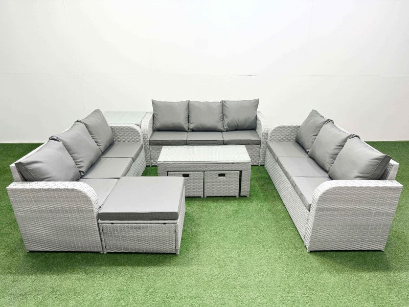 Fimous PE Rattan Lounge Sofa Set 12 Seater Outdoor Garden Furniture Set with Oblong Coffee Table 3 Seater Sofa 3 Stools Side Table Light Grey